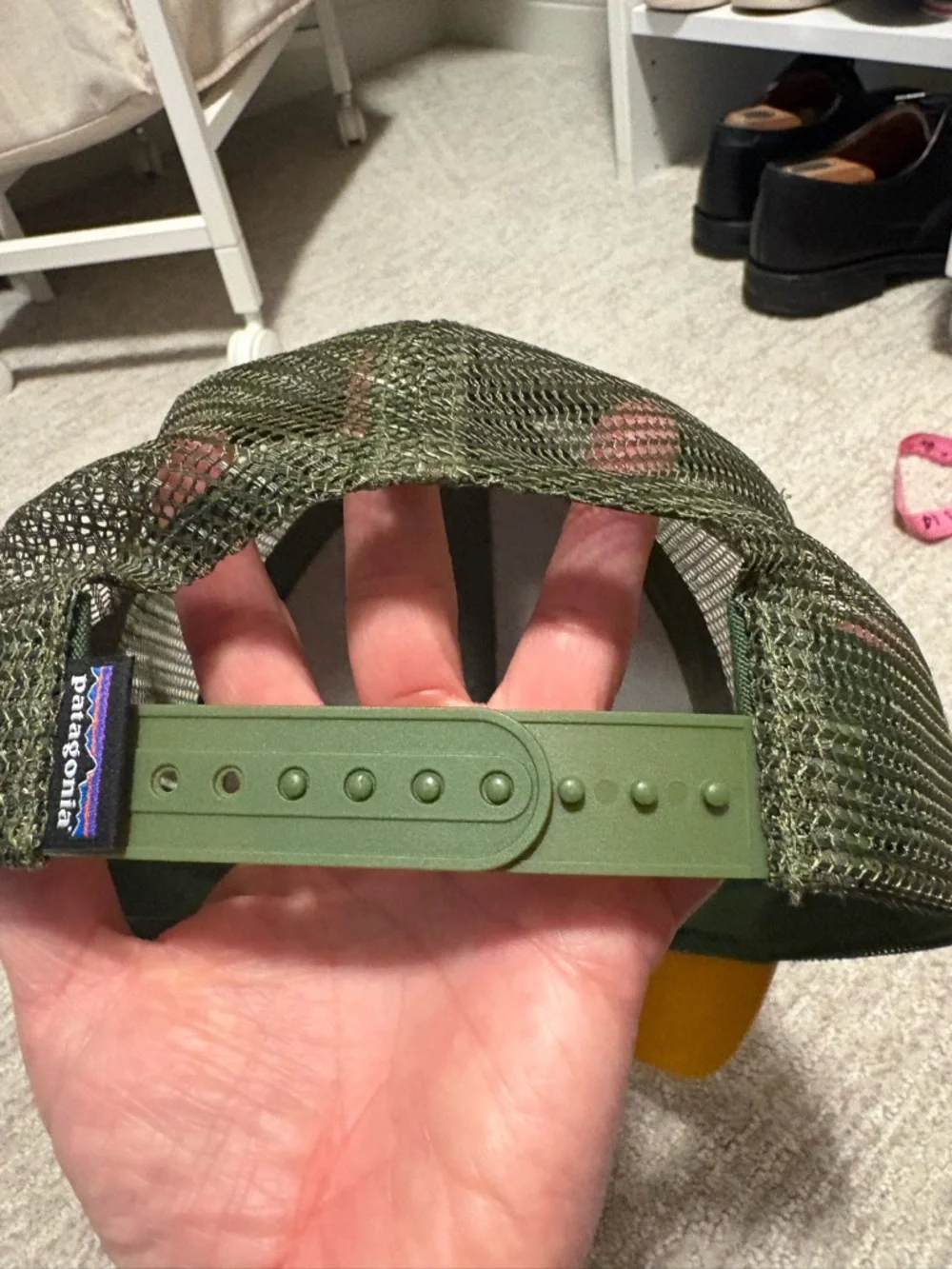 Patagonia Mustard Yellow and Olive Green Trucker Hat with Mountain Patch - Picture 3 of 4